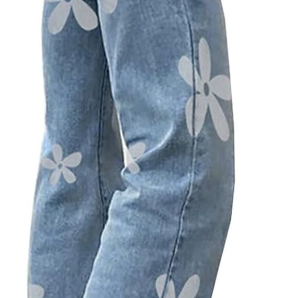 Women's Flower Print Y2K Fashion Wide Leg High Waist Denim Pants Boyfriend Jeans - Picture 2 of 6